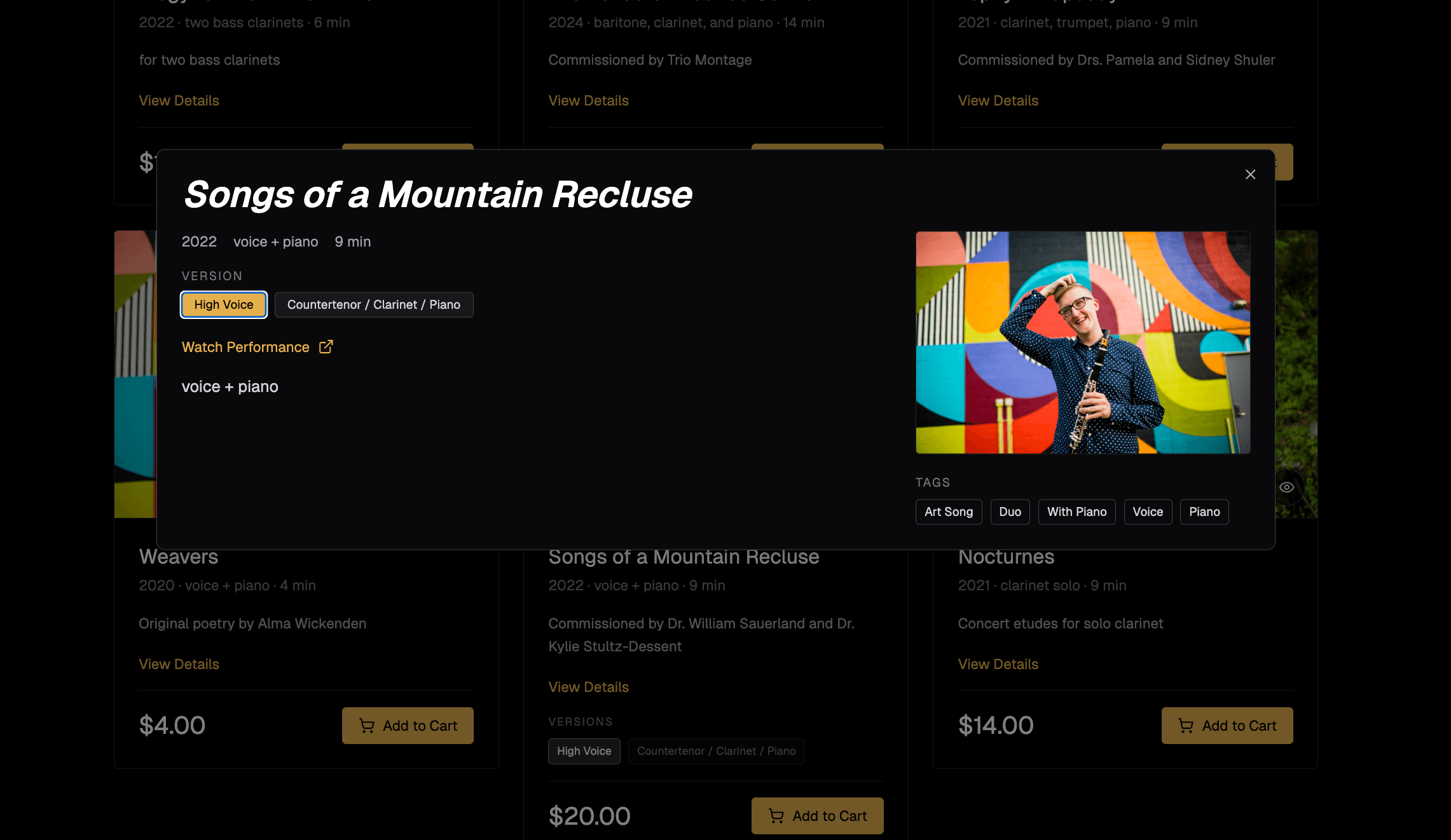 Work details modal with versions and expanded metadata