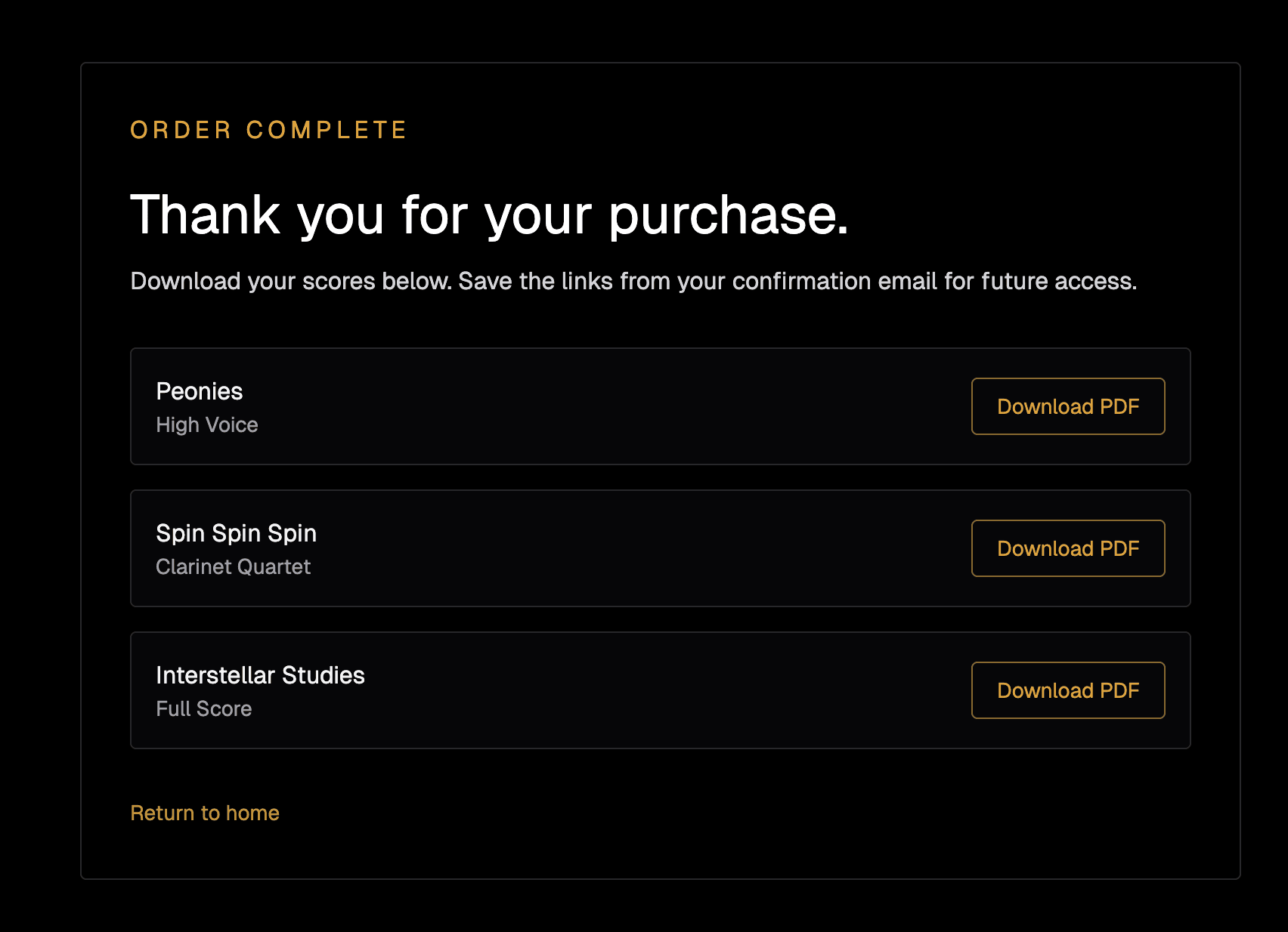 Download success screen with immediate access to purchased digital files