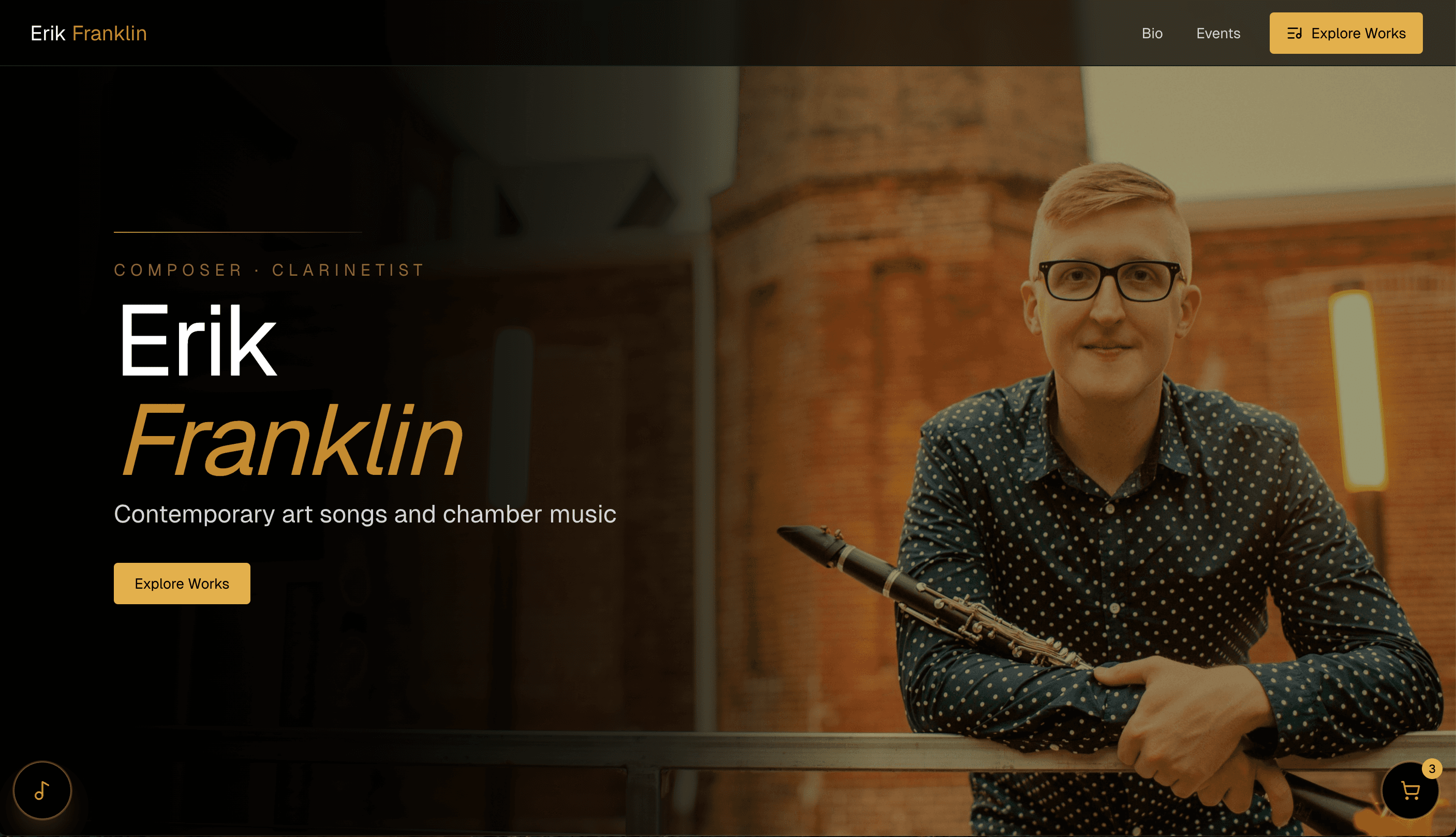 Composer homepage hero with cinematic image and stage-like visual tone