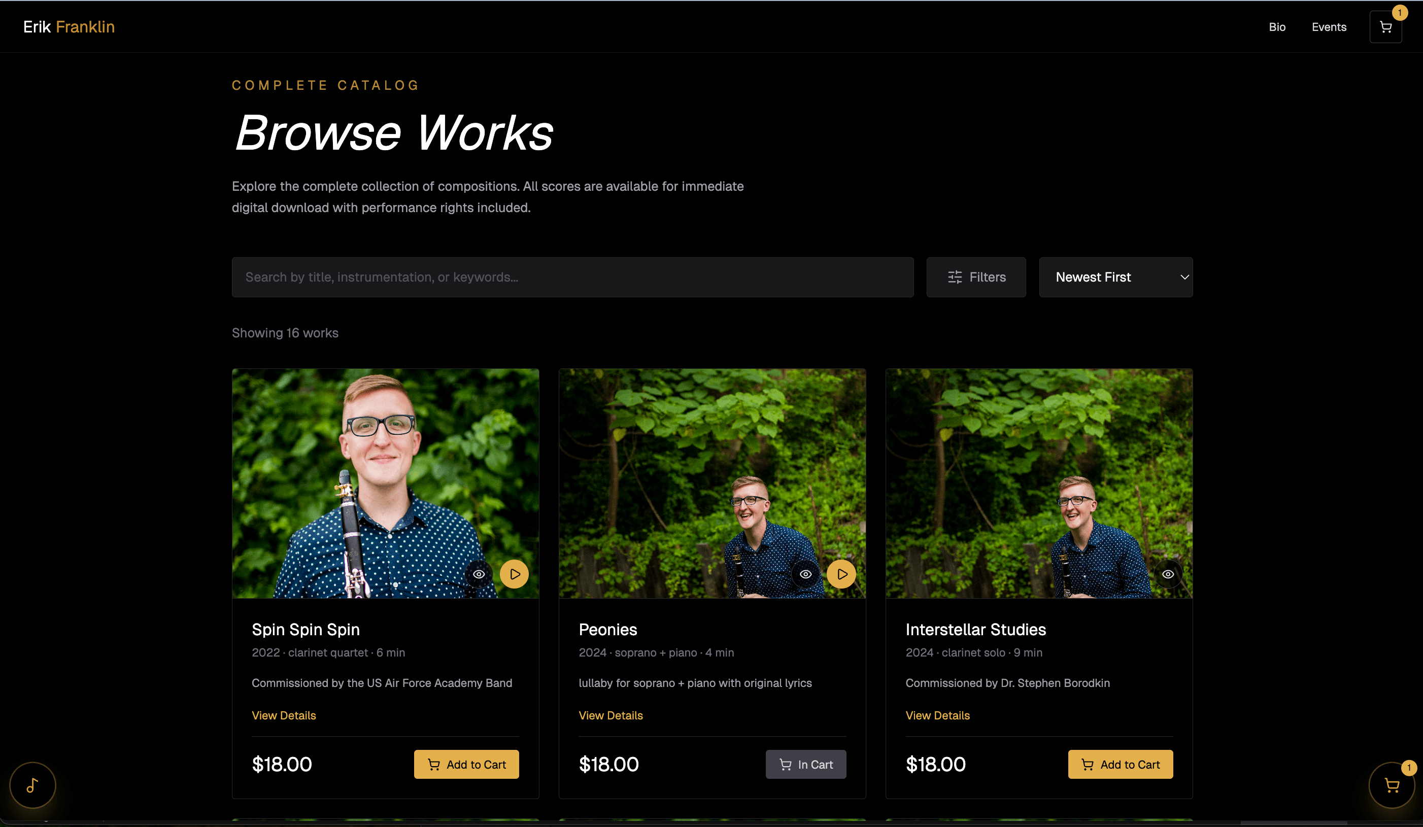 Works catalog with search, filtering, and scannable product cards