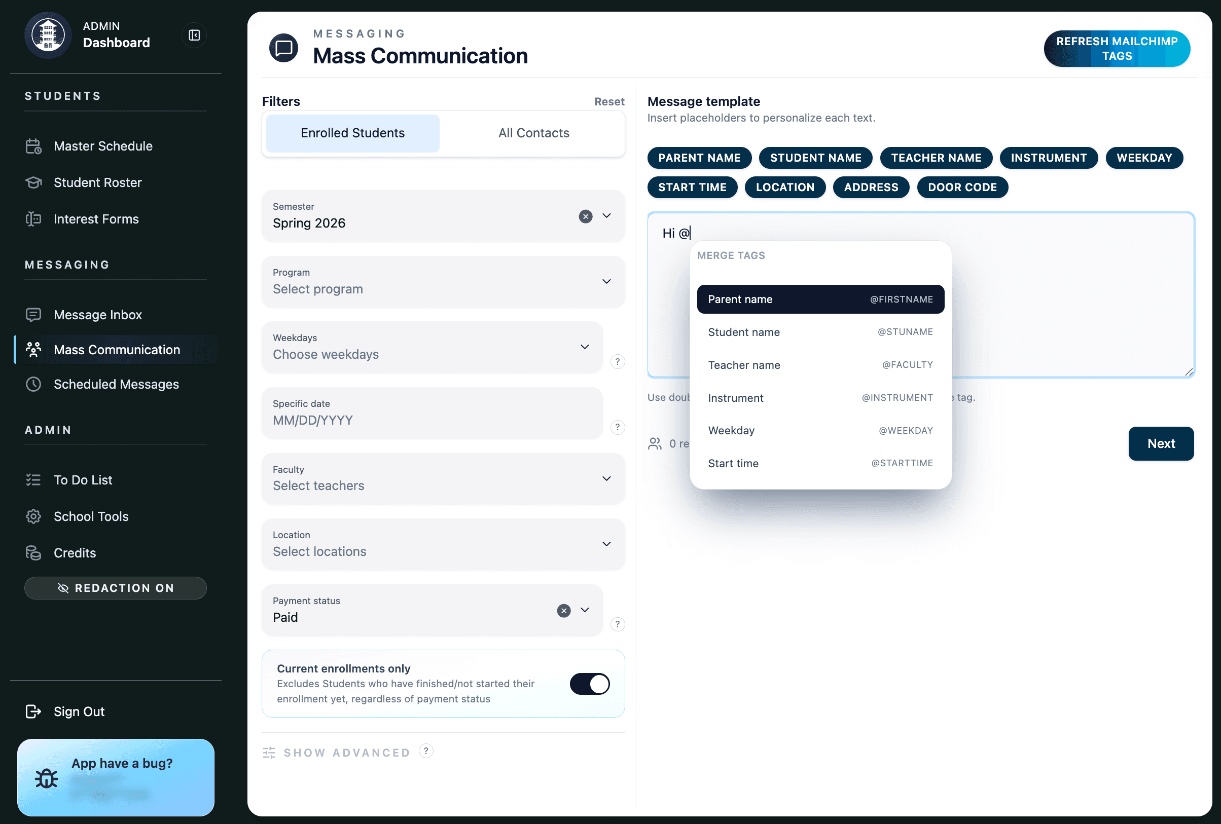Mass communication builder with structured targeting options