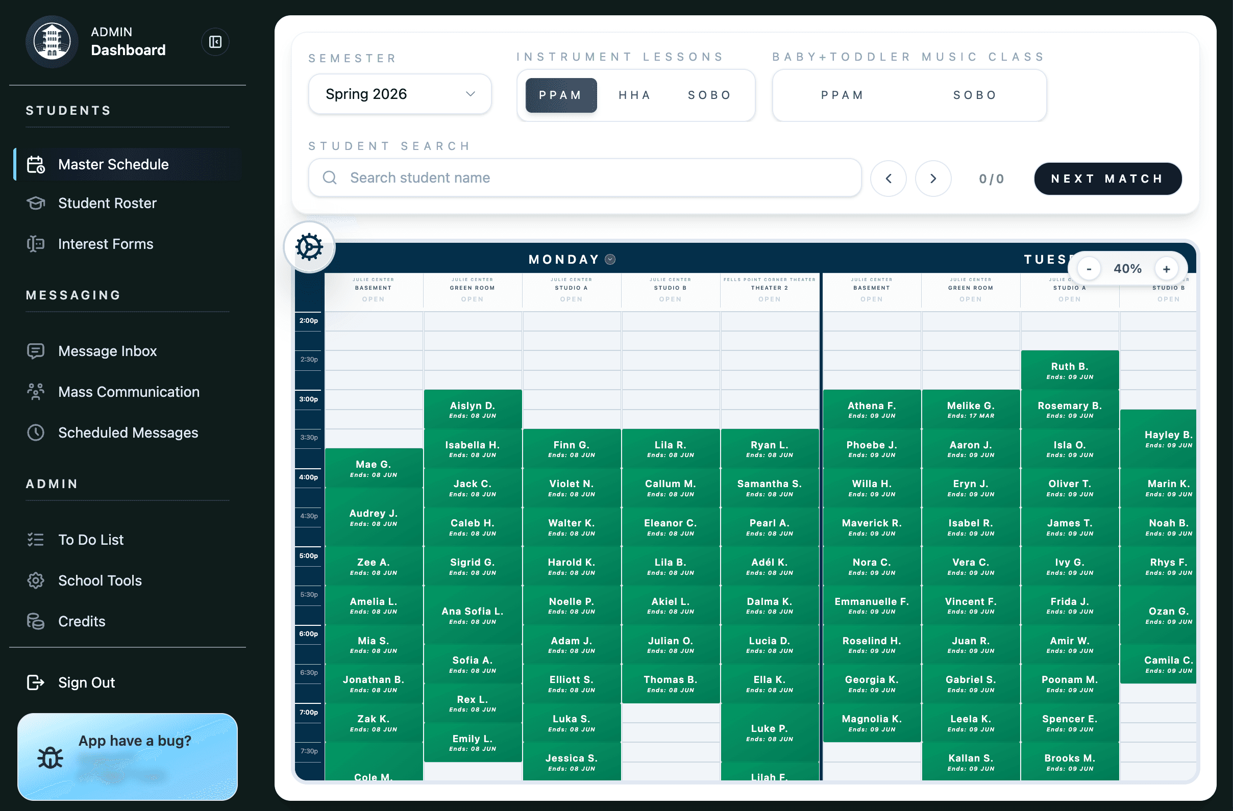 Master schedule view with weekly capacity and assignment visibility