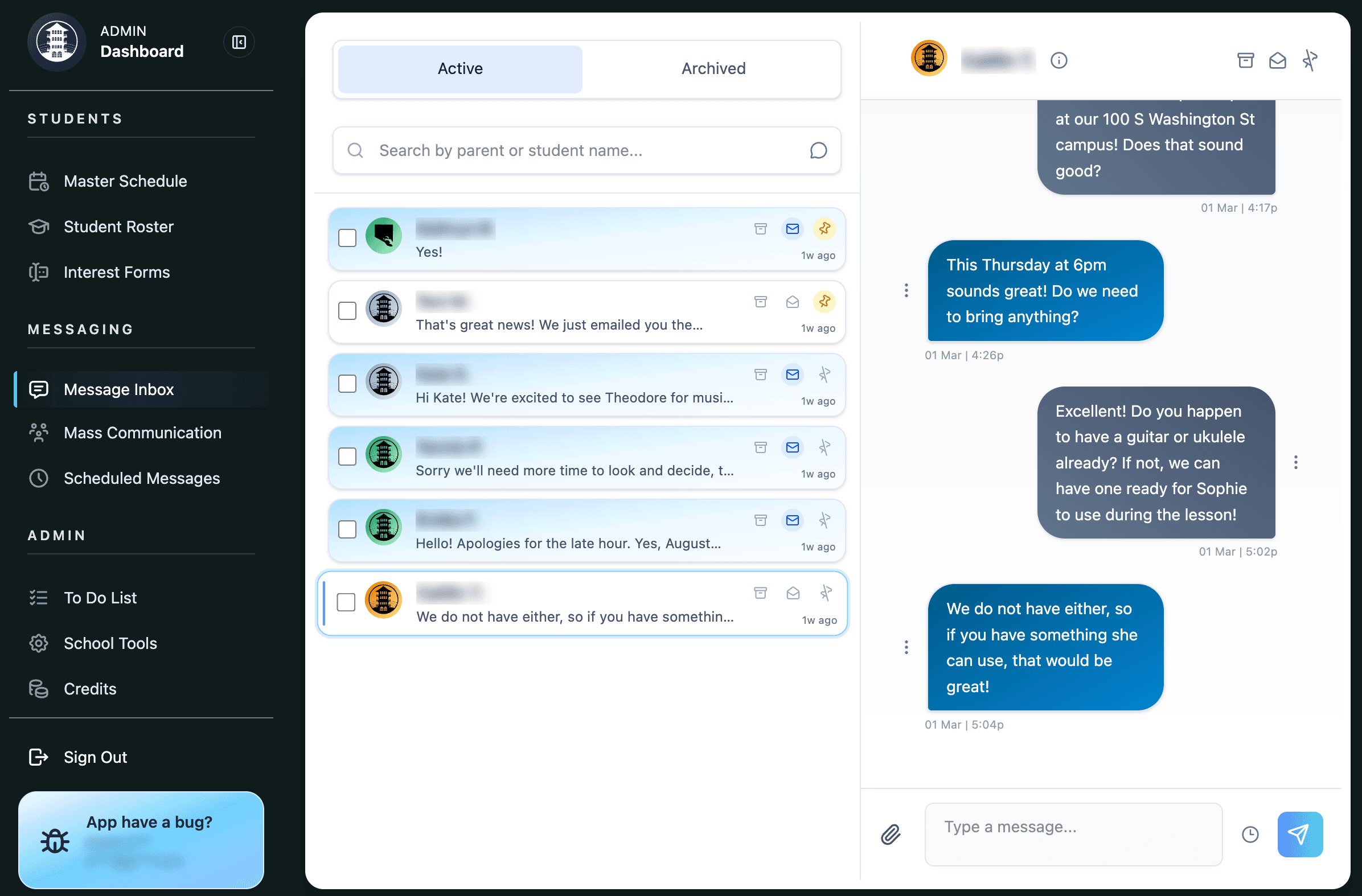 Operational inbox for parent and student communication