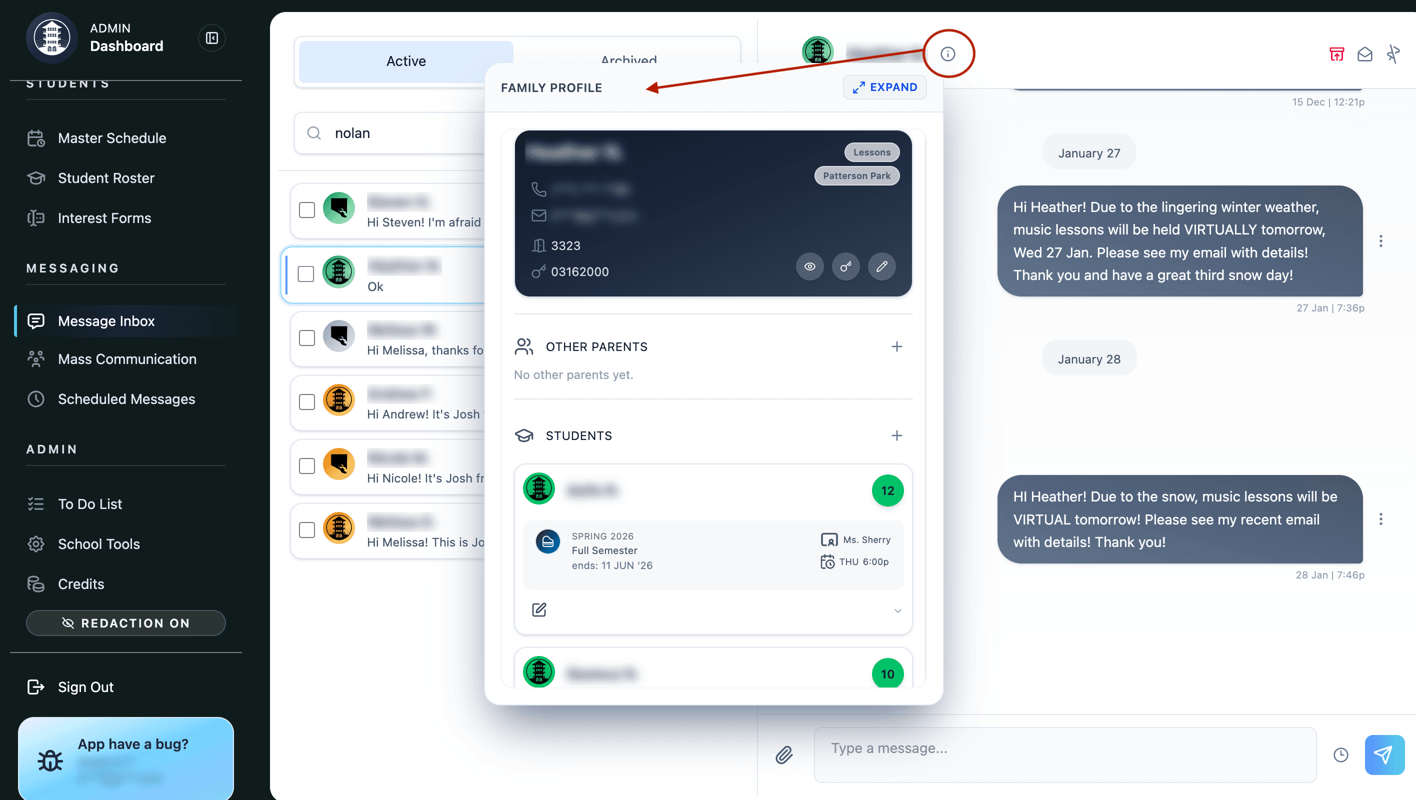 Conversation thread with contextual school information