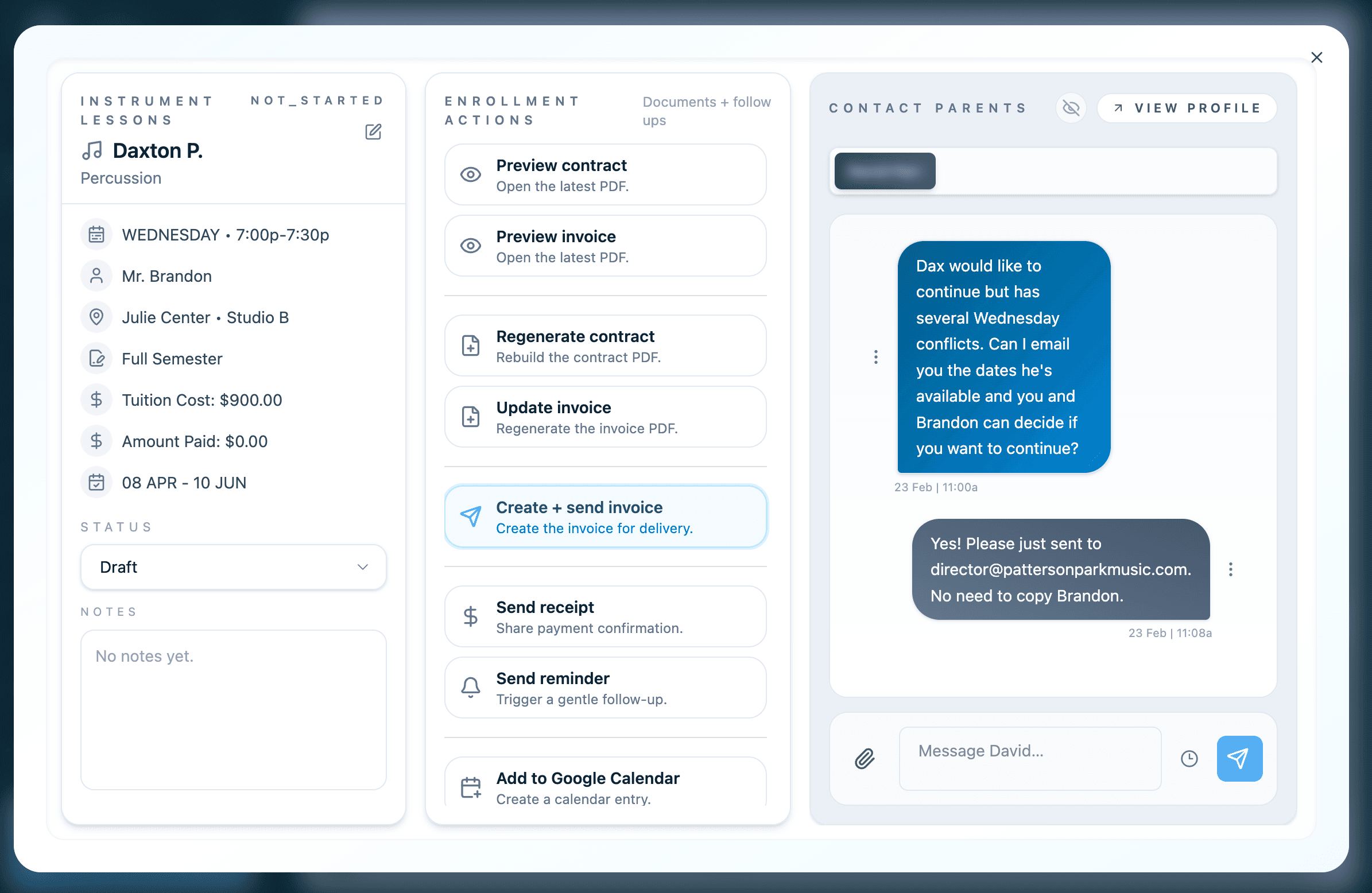 Draft communication from student context